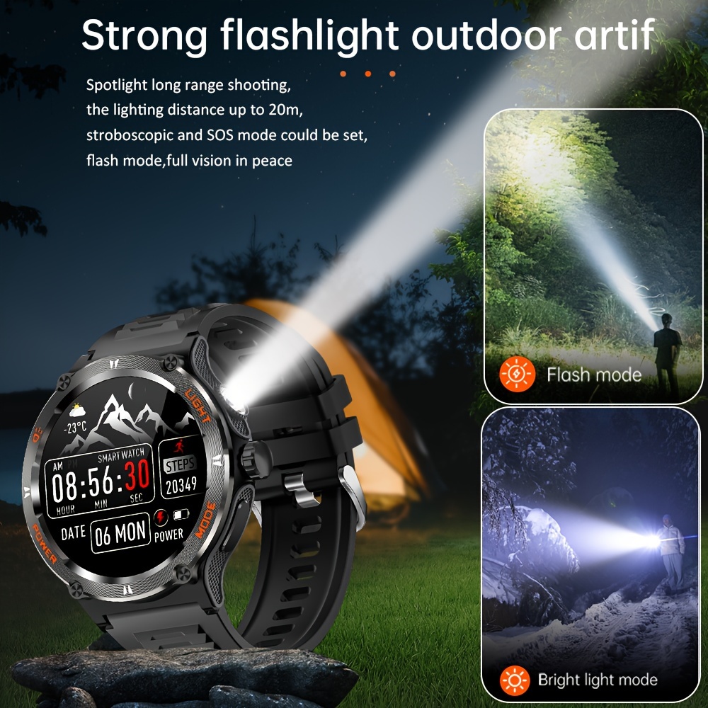 smart watch for men with led strong light flashlight 1 53 music player pedometer 100 sports modes fitness sleep monitor compass smartwatch for iphone android details 2