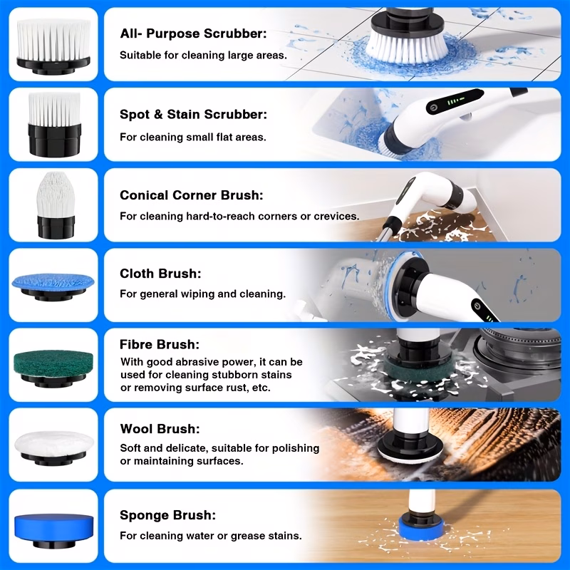 multifunctional electric spin scrubber cordless cleaning brush 7 in 1 cleaning brush adjustable 7 replaceable heads and detachable telescopic handle suitable for car room and bathroom Product details 2