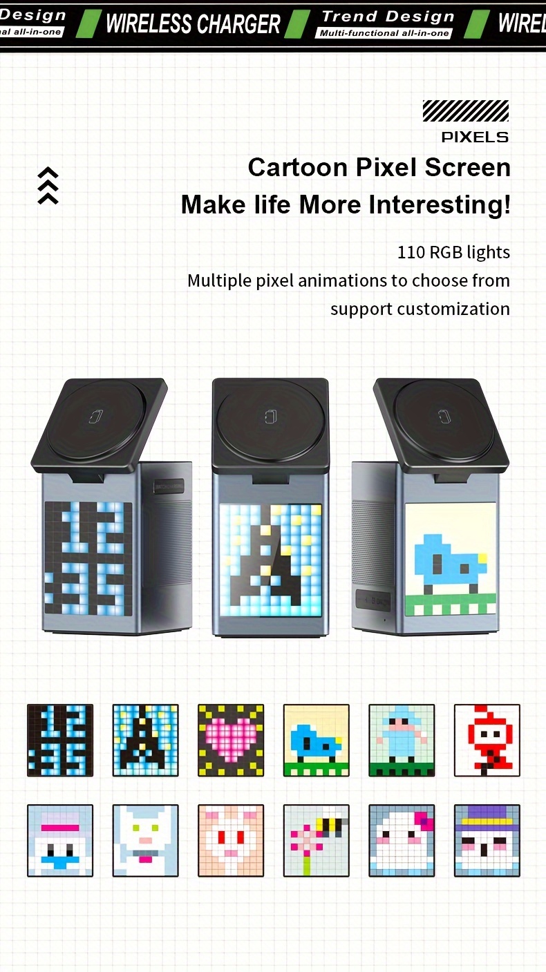 Haut-parleur sans fil 6 en 1 15 W, charge rapide sans fil, adapté au chargement de montres de téléphone portable, affichage d'écran de bricolage, station de charge sans fil portable compacte détails 5