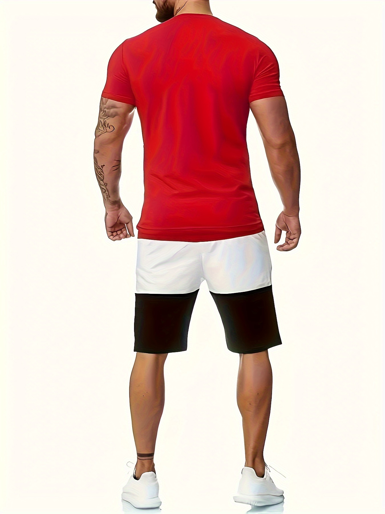 mens 2 piece set athletic round neck short sleeve top and shorts with color block design comfortable casual sportswear outfit details 8