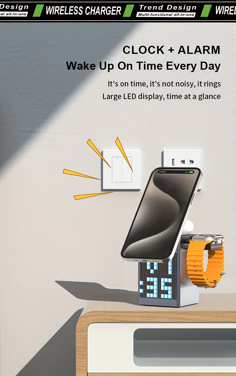 Haut-parleur sans fil 6 en 1 15 W, charge rapide sans fil, adapté au chargement de montres de téléphone portable, affichage d'écran de bricolage, station de charge sans fil portable compacte détails 6