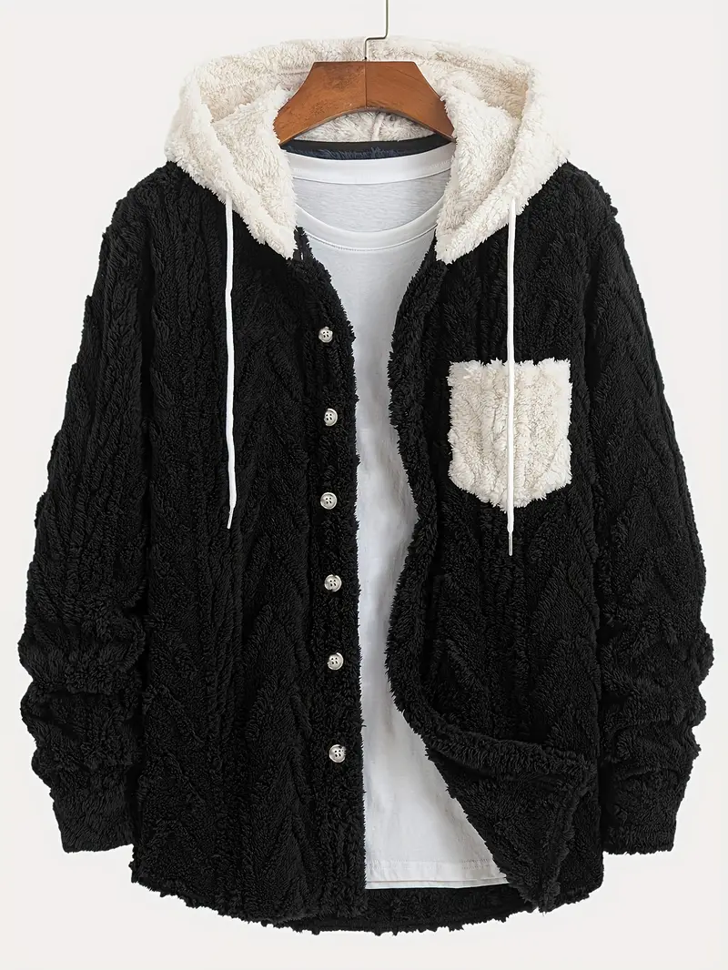 1pc mens casual flannelette hooded jacket with color block pattern knit fabric button details stretch regular fit warm long sleeve outerwear for daily leisure street style trend fall details 11