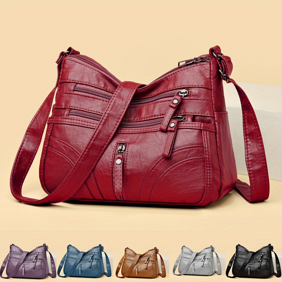 stylish multi pocket zippered crossbody bag for women soft synthetic synthetic leather large capacity lightweight shoulder purse in red light brown grey navy blue   Product details 0