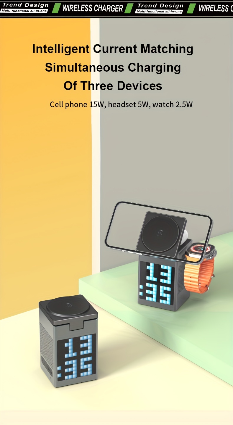 Haut-parleur sans fil 6 en 1 15 W, charge rapide sans fil, adapté au chargement de montres de téléphone portable, affichage d'écran de bricolage, station de charge sans fil portable compacte détails 2