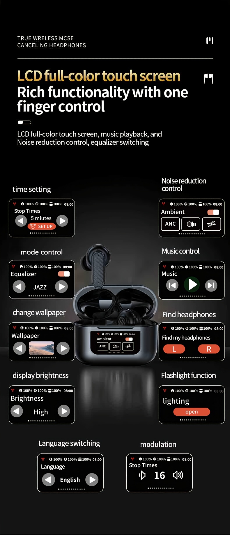 1 pair yw08   smart wireless earbuds active noise cancelling   sound usb charging type c volume control compatible with phones with polymer lithium battery for adults details 8