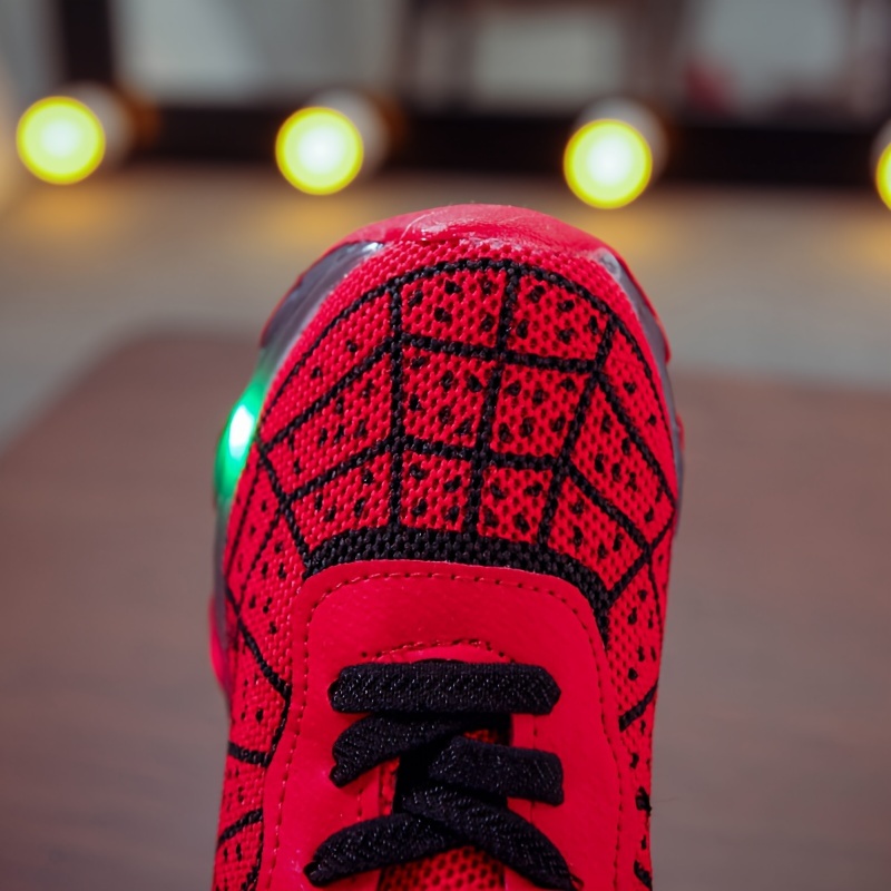 casual cool spider net woven shoes with led light for boys breathable non slip sneakers for walking running training details 2