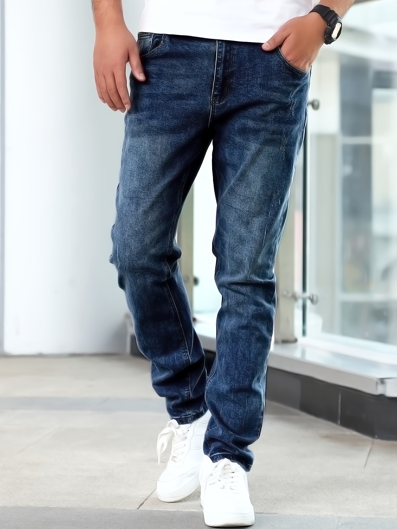 mens casual medium stretch jeans classic design denim pants details 10