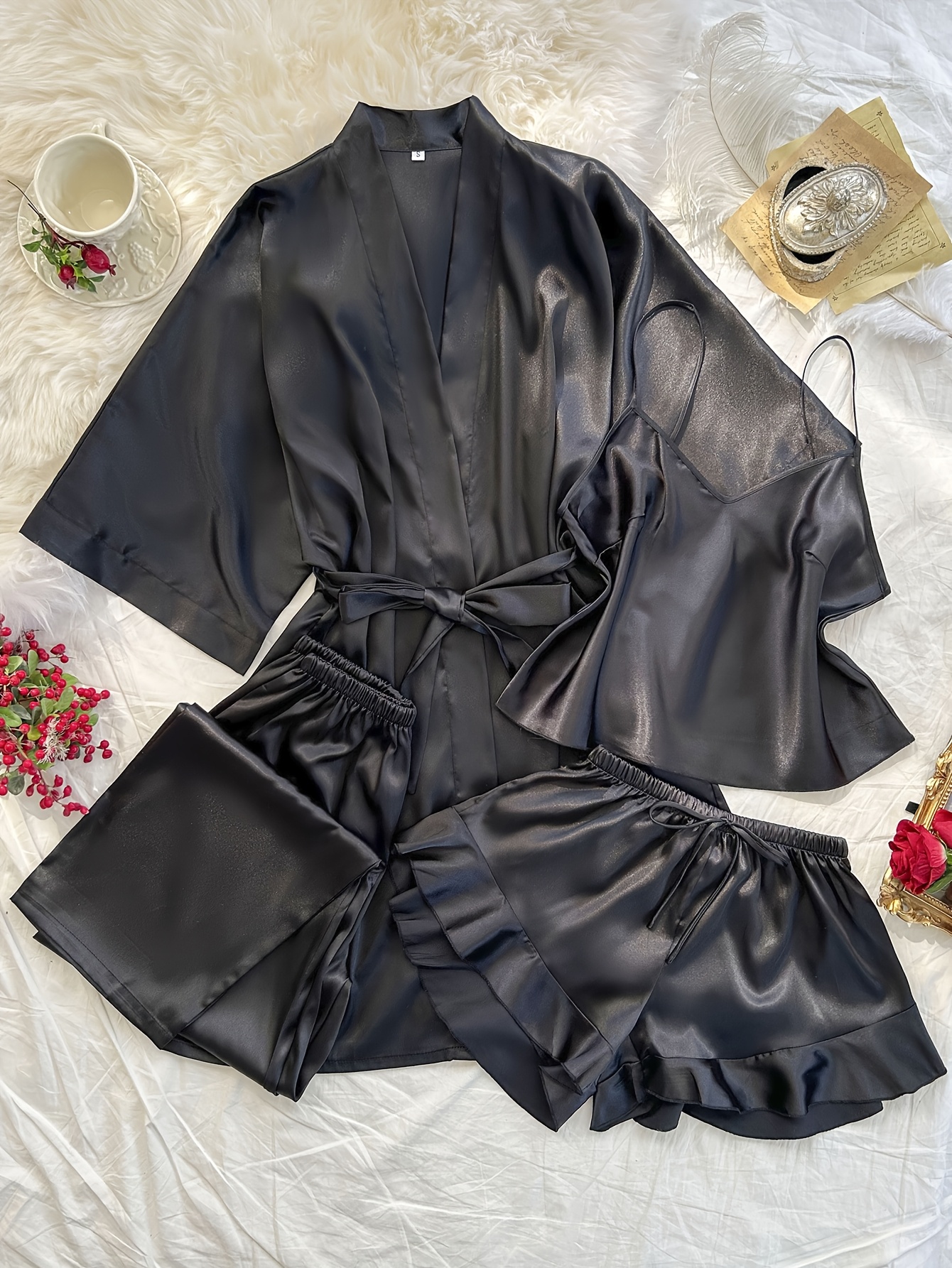 ensemble de pyjama à col toutes pour femmes - confortable, sexy, en polyester 4 pièces avec taille nouée et short à cordon, parfait pour lautomne et lhiver, vêtements de nuit automne-hiver | vêtements de nuit élégants | tissu en polyester Détails du produit 16