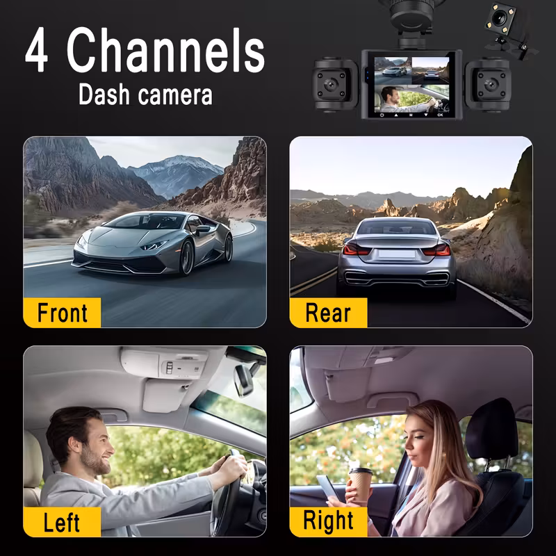 360 4 channel dash cam for cars 1080p front 480p rear cameras 2 4 ips vision with wdr 64gb loop recording 24h parking mode Product details 1