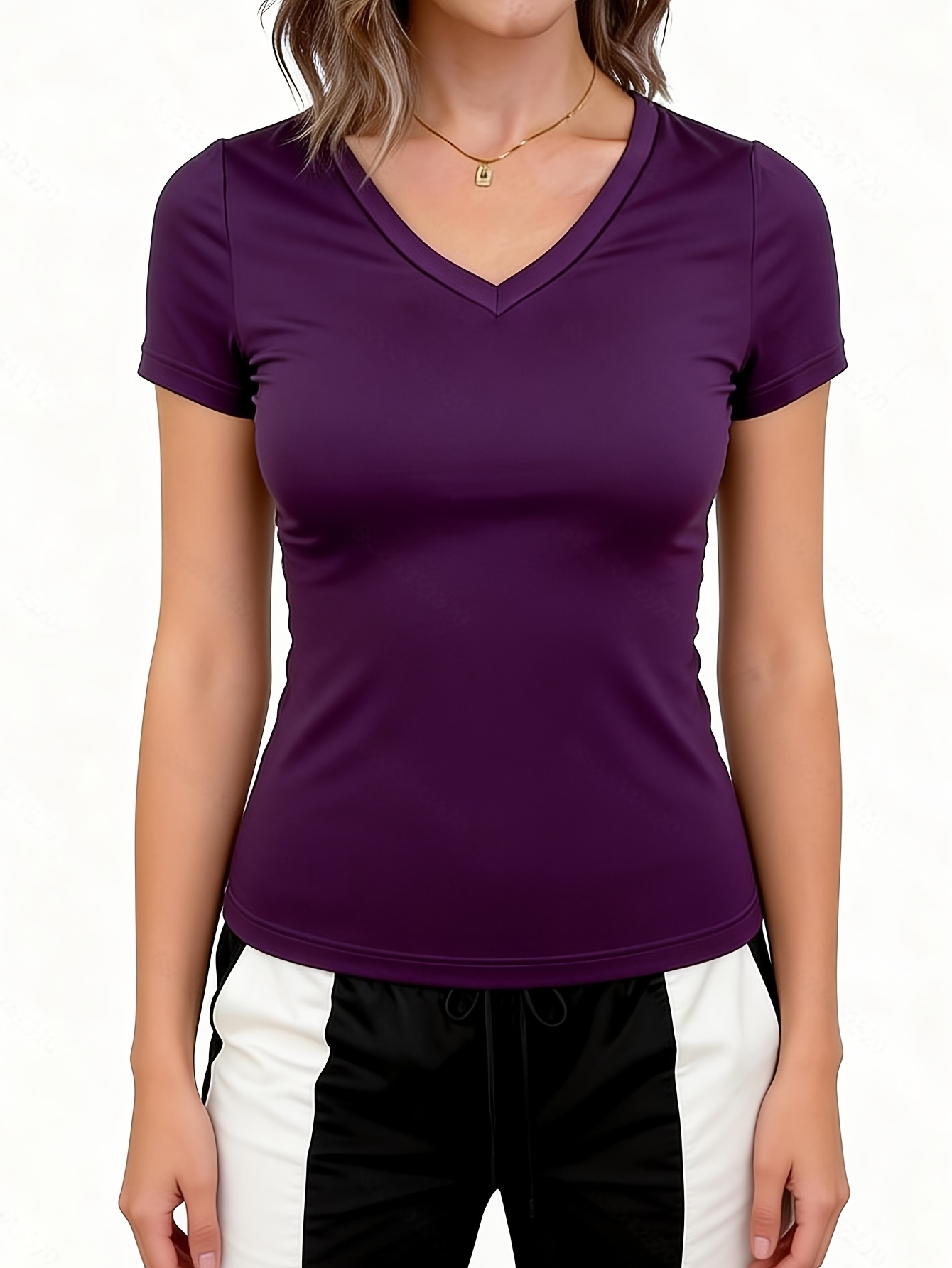 womens summer v neck fitted casual solid color short sleeve cropped loungewear top details 0