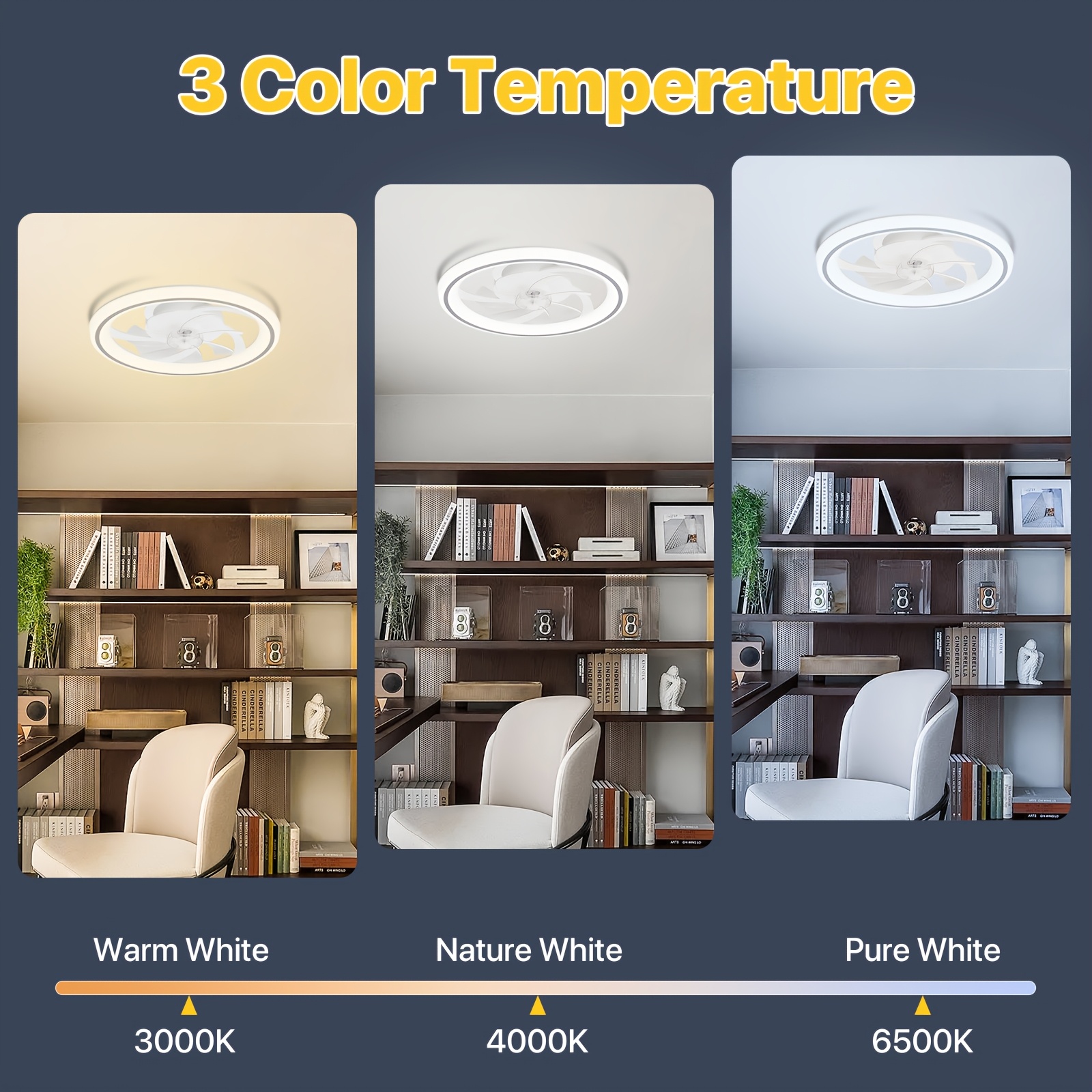 20 modern dimmable led ceiling fan with light   control 3 color temperatures 6 adjustable   flush mount design for bedroom   timer setting wireless control polished   bedroom ceiling fan contemporary lighting Product details 4