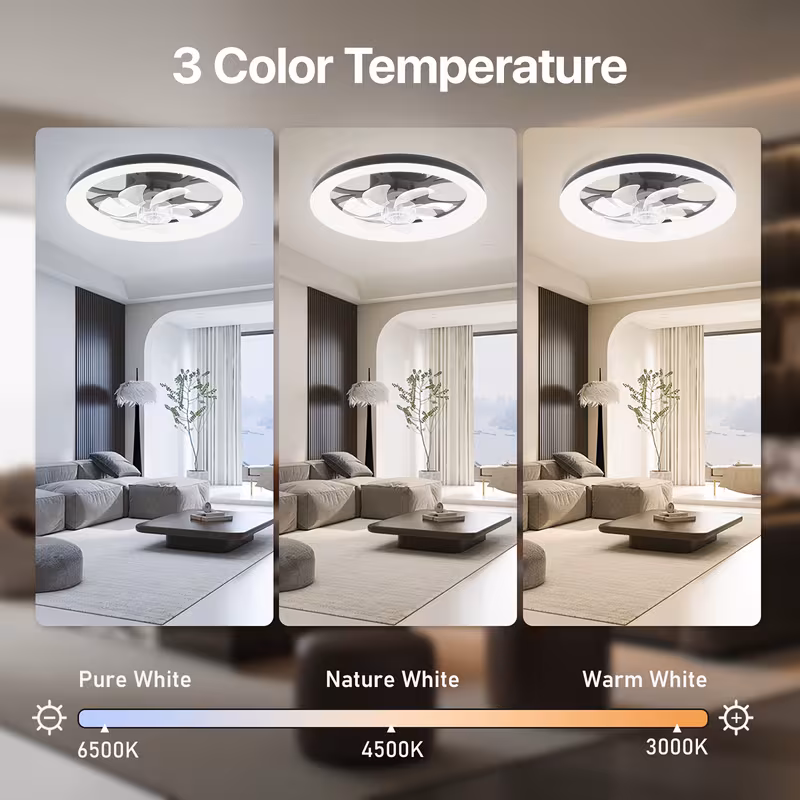 newest led ceiling fan with light control 3 color temperatures 6 adjustable flush mount design for bedroom timer setting wireless control polished bedroom ceiling fan contemporary lighting Product details 3