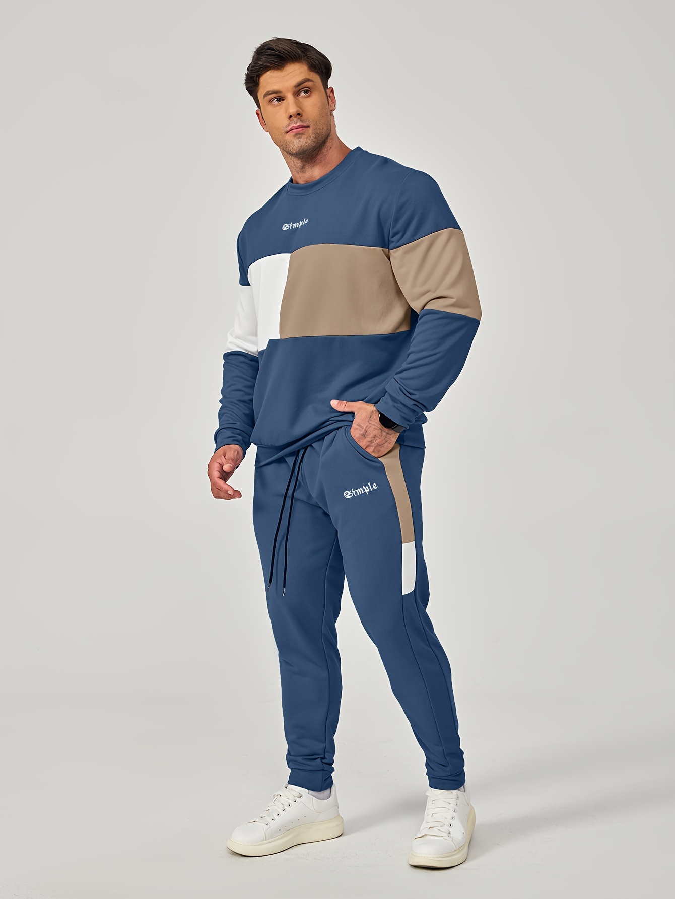 mens color block 2pcs outfits casual crew neck long sleeve sweatshirt and sweatpants joggers set for winter fall mens clothing details 23