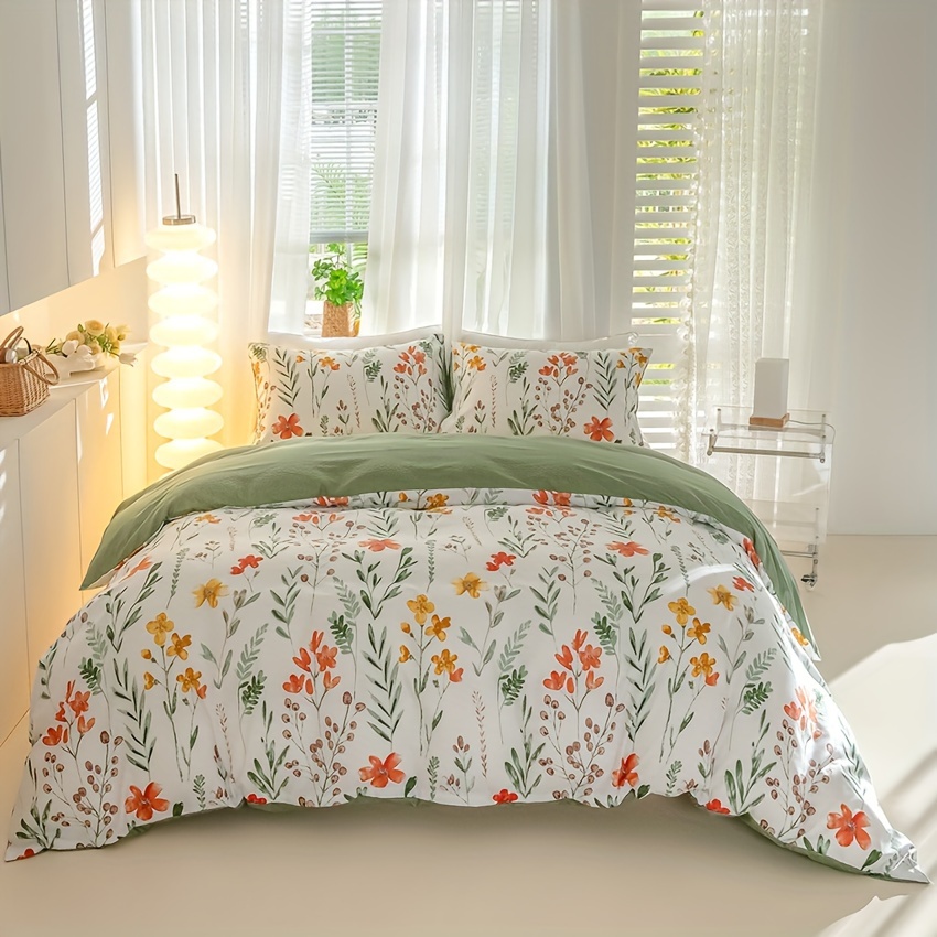 3 piece floral grass print duvet cover set soft breathable polyester with zip closure includes 1 duvet cover and 2 pillowcases no insert perfect for all seasons details 9