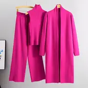 new high autumn and winter 2024 womens loose knit set featuring long wide leg pants a shawl cardigan and a turtleneck sweater in a stylish three piece ensemble details 8