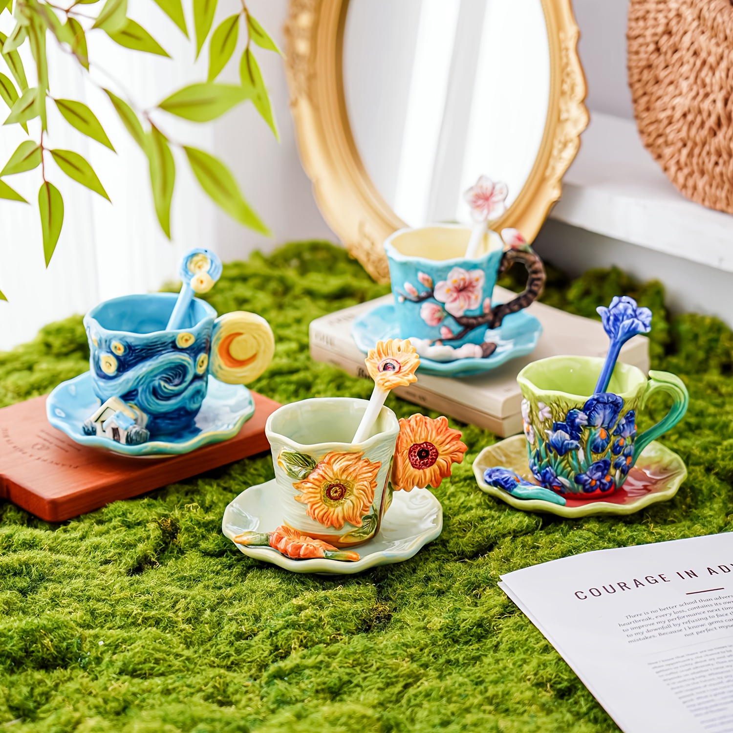 1set ceramic hand painted classic van   oil painting   cup and saucer set 1pc starry night sunflower   apricot tea cup 1pc wave round plate 1pc flower spoon   table decoration christmas valentines day mothers day gift capacity 180ml 6oz Product details 1