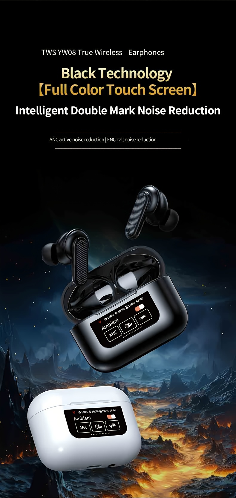 1 pair yw08   smart wireless earbuds active noise cancelling   sound usb charging type c volume control compatible with phones with polymer lithium battery for adults details 0