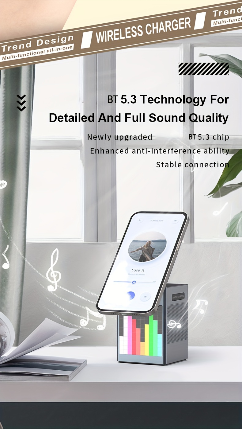 Haut-parleur sans fil 6 en 1 15 W, charge rapide sans fil, adapté au chargement de montres de téléphone portable, affichage d'écran de bricolage, station de charge sans fil portable compacte détails 4