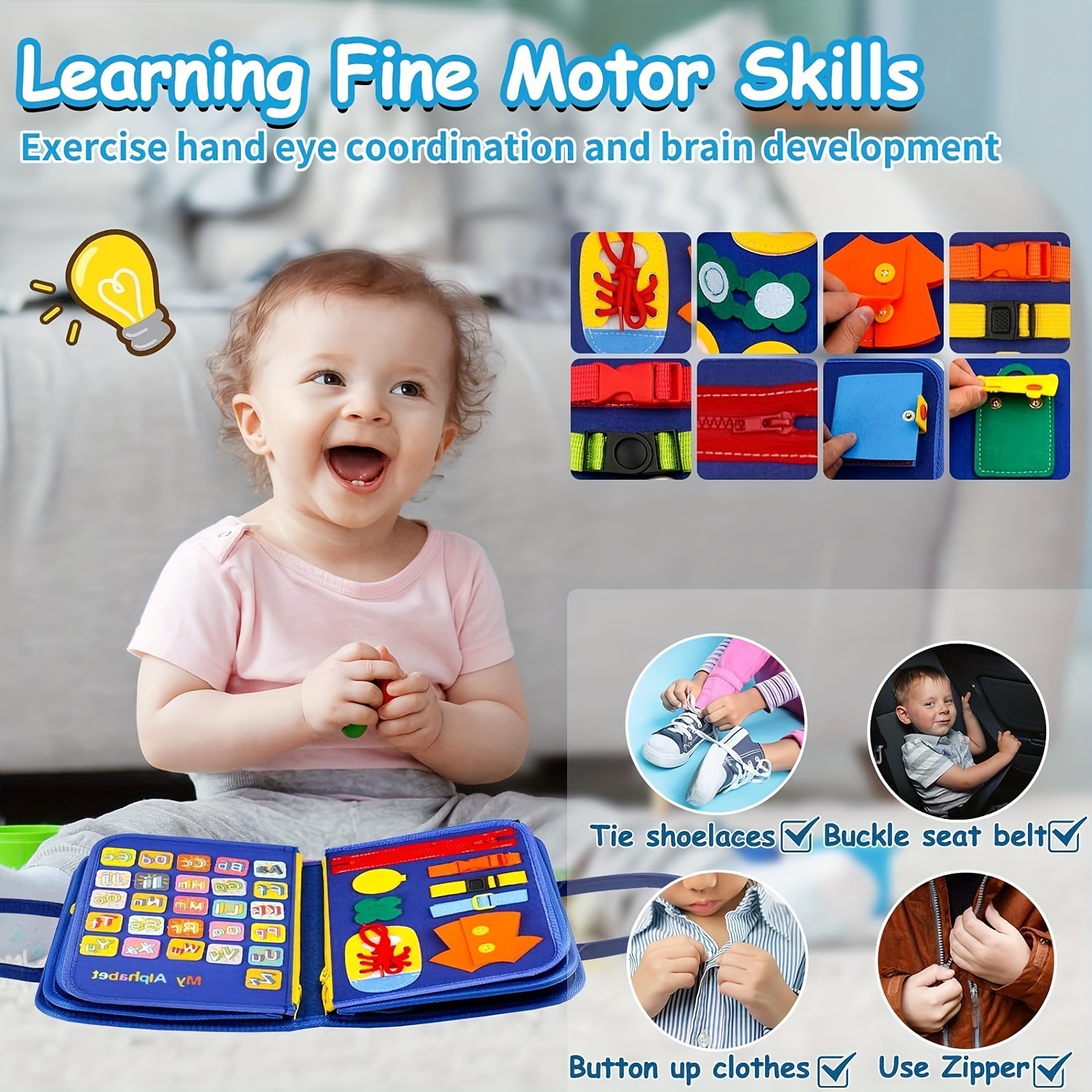1 busy board for toddlers busy board for toddlers 0 3 years 12 in 1 sensory and fine motor skills development toy educational activity book travel friendly interactive playset durable polyester material with blue for birthday christmas and halloween gifts Product details 1