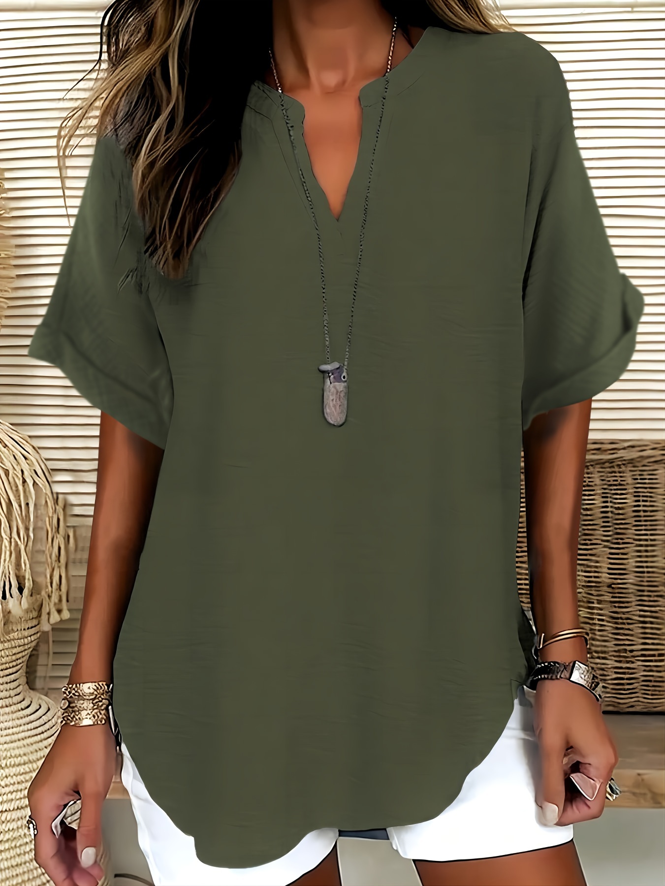 womens v neck drop shoulder sleeve solid color loose short sleeve shirt details 15
