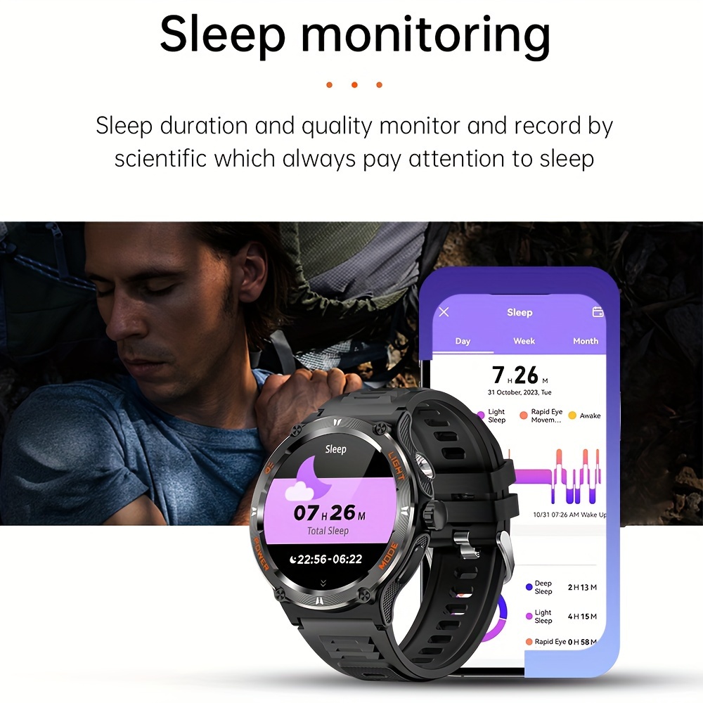 smart watch for men with led strong light flashlight 1 53 music player pedometer 100 sports modes fitness sleep monitor compass smartwatch for iphone android details 6