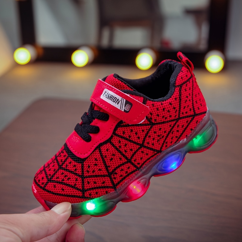 casual cool spider net woven shoes with led light for boys breathable non slip sneakers for walking running training details 1