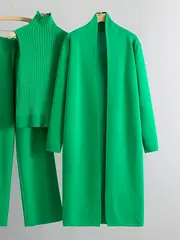new high autumn and winter 2024 womens loose knit set featuring long wide leg pants a shawl cardigan and a turtleneck sweater in a stylish three piece ensemble details 7
