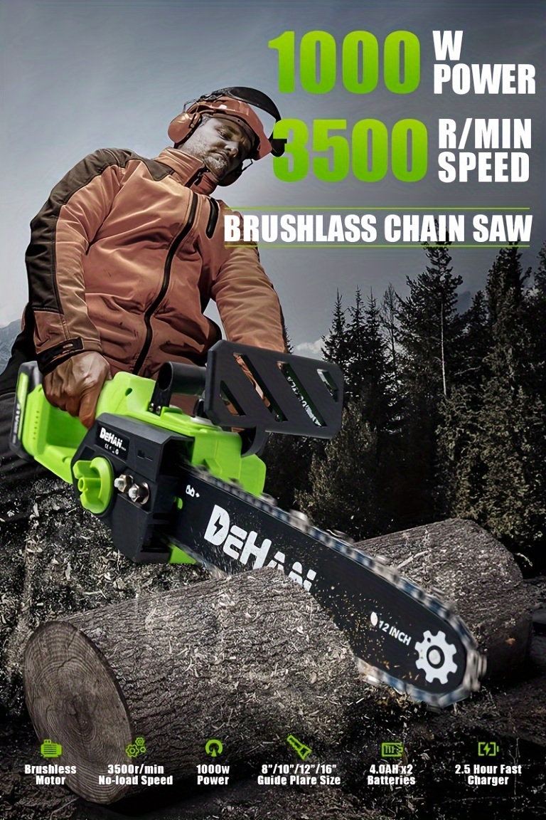 brushless 12 inch electric chainsaw cordless 2 4 0ah batteries powered chain saw 26 ft   cuts 21v portable compact saw handheld for wood cutting   brushless motor tensioning and automatic oiling without the need for tools details 0