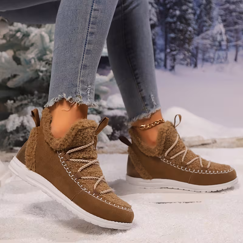 womens plush winter boots with thickened fleece lining slip on round toe flat sole brown cover upper eva sole cushioned insole Product details 7