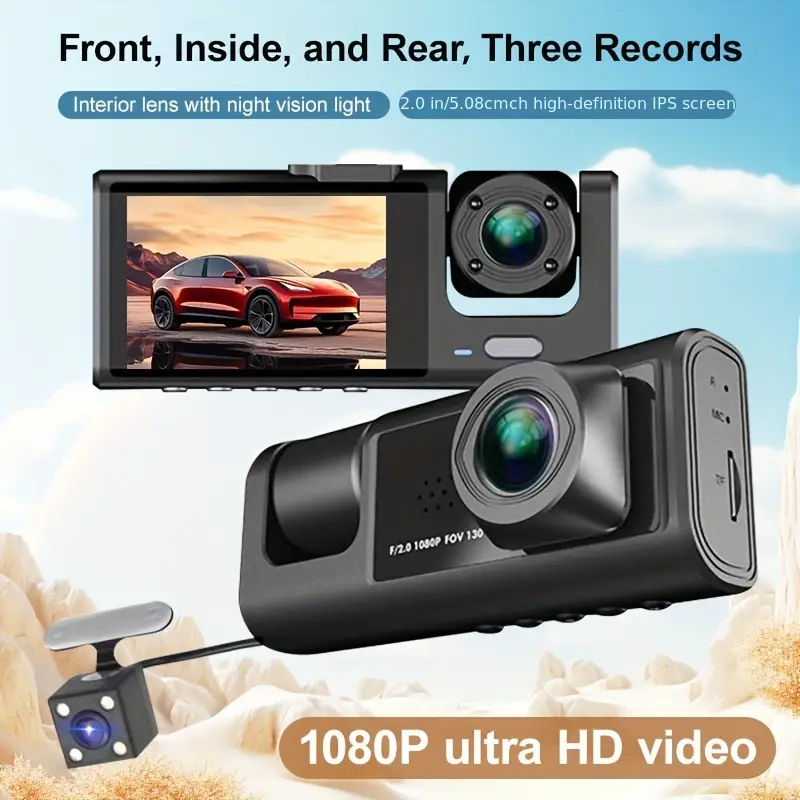 1080p triple dash cam for cars front inside rear view with ir night loop recording and 2 0 ips display details 0