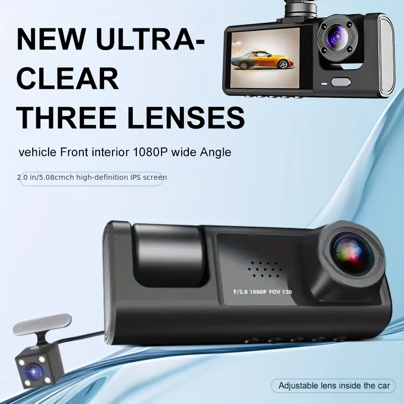 1080p triple dash cam for cars front inside rear view with ir night loop recording and 2 0 ips display details 1