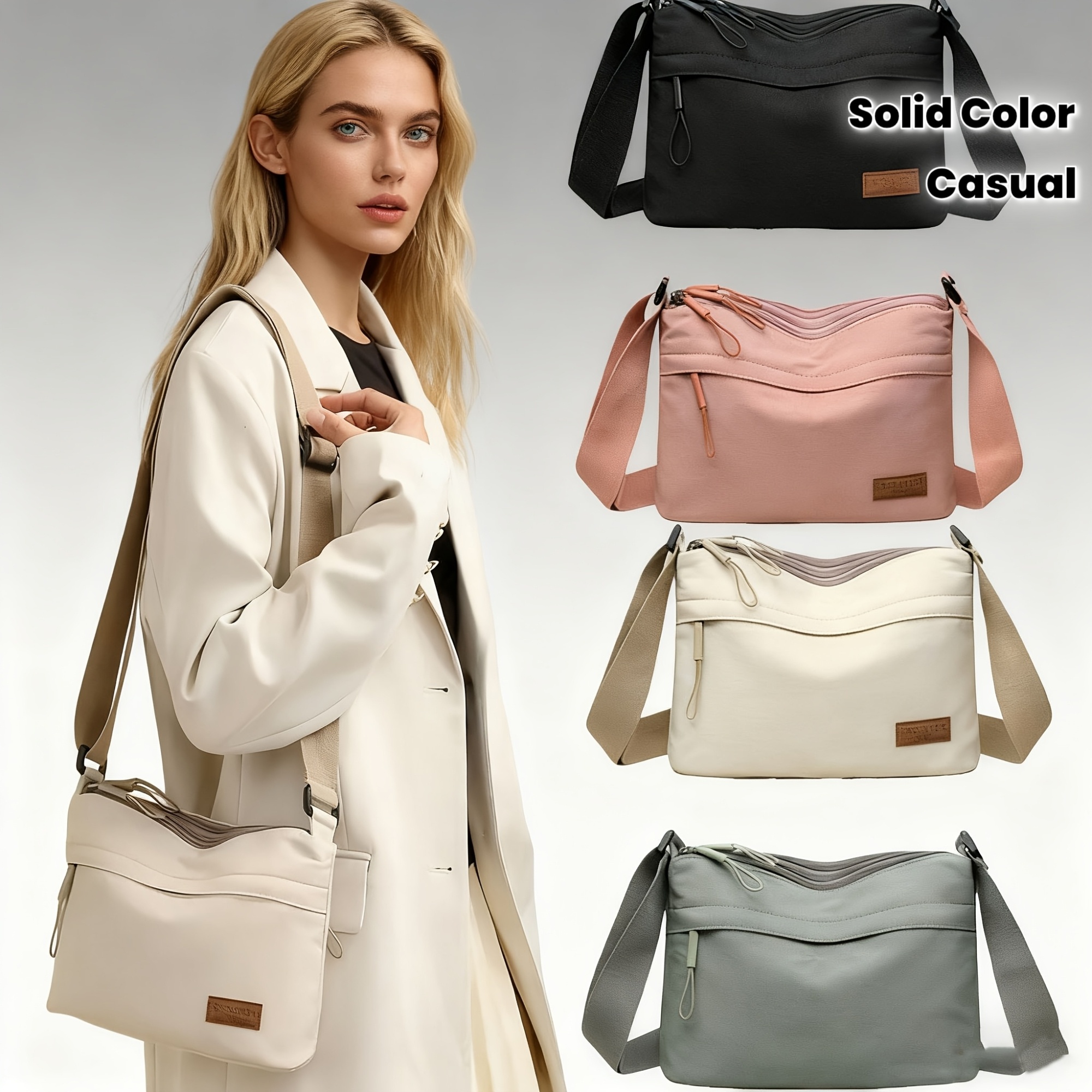 womens large capacity high quality casual solid color crossbody bag with adjustable shoulder strap and zipper closure elegant gray white   canvas bag with compartments for organized storage inside 0