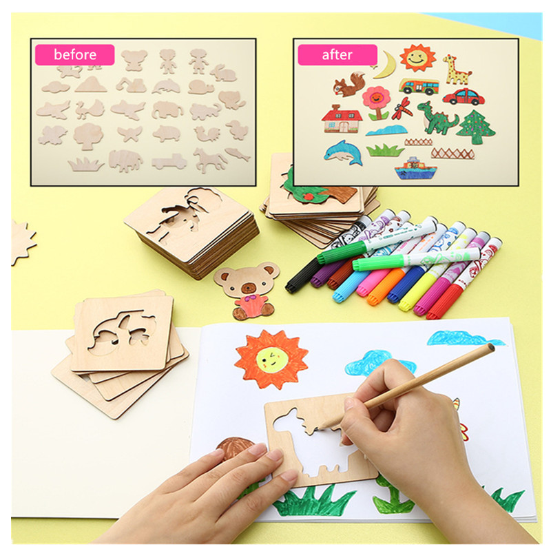 20pcs wooden drawing stencils kit   toys coloring puzzle arts crafts set educational toys halloween christmas gift details 3