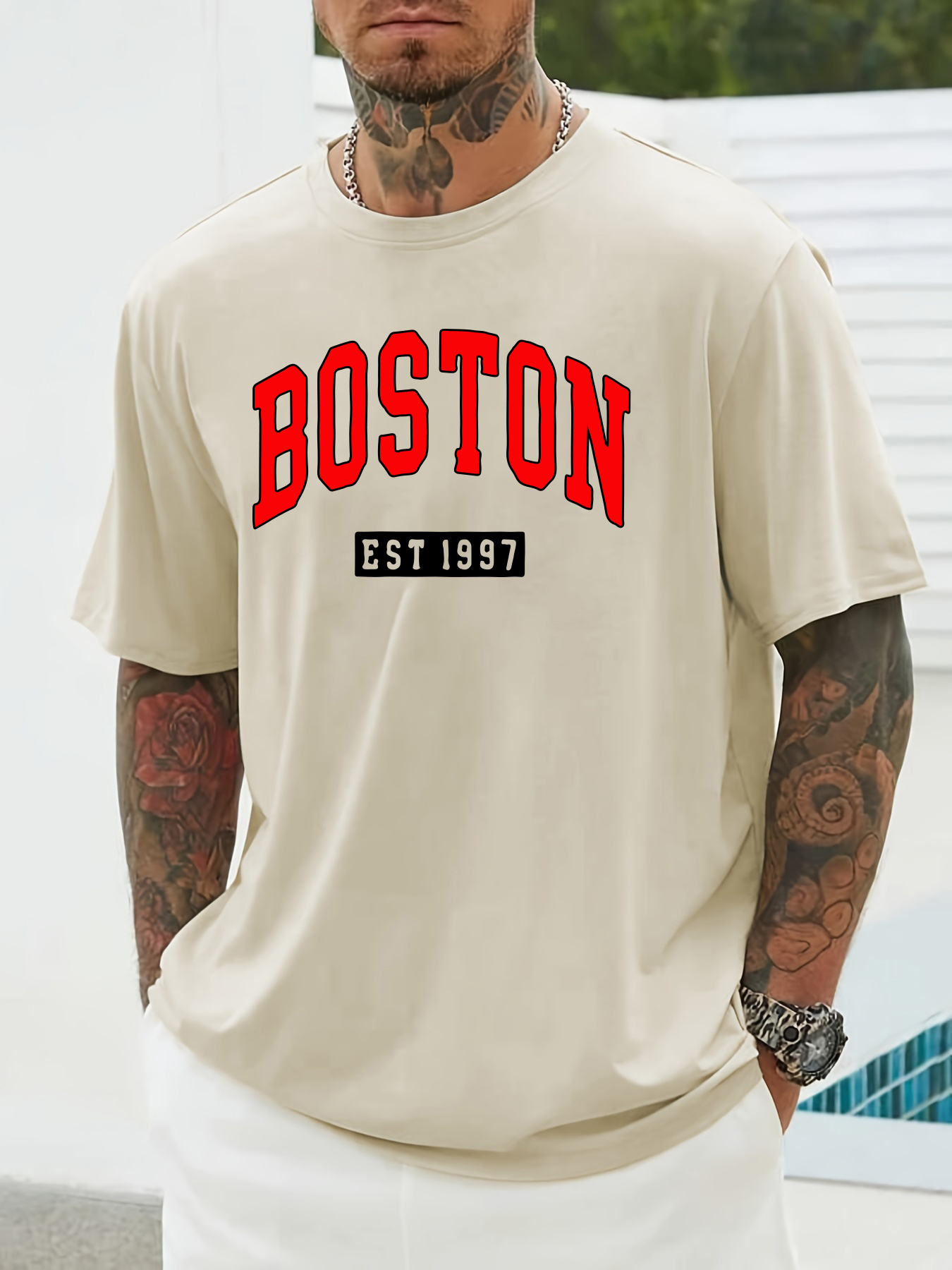 boston print short sleeve t shirts for men plus size stretchy graphic tees for summer casual daily style details 0