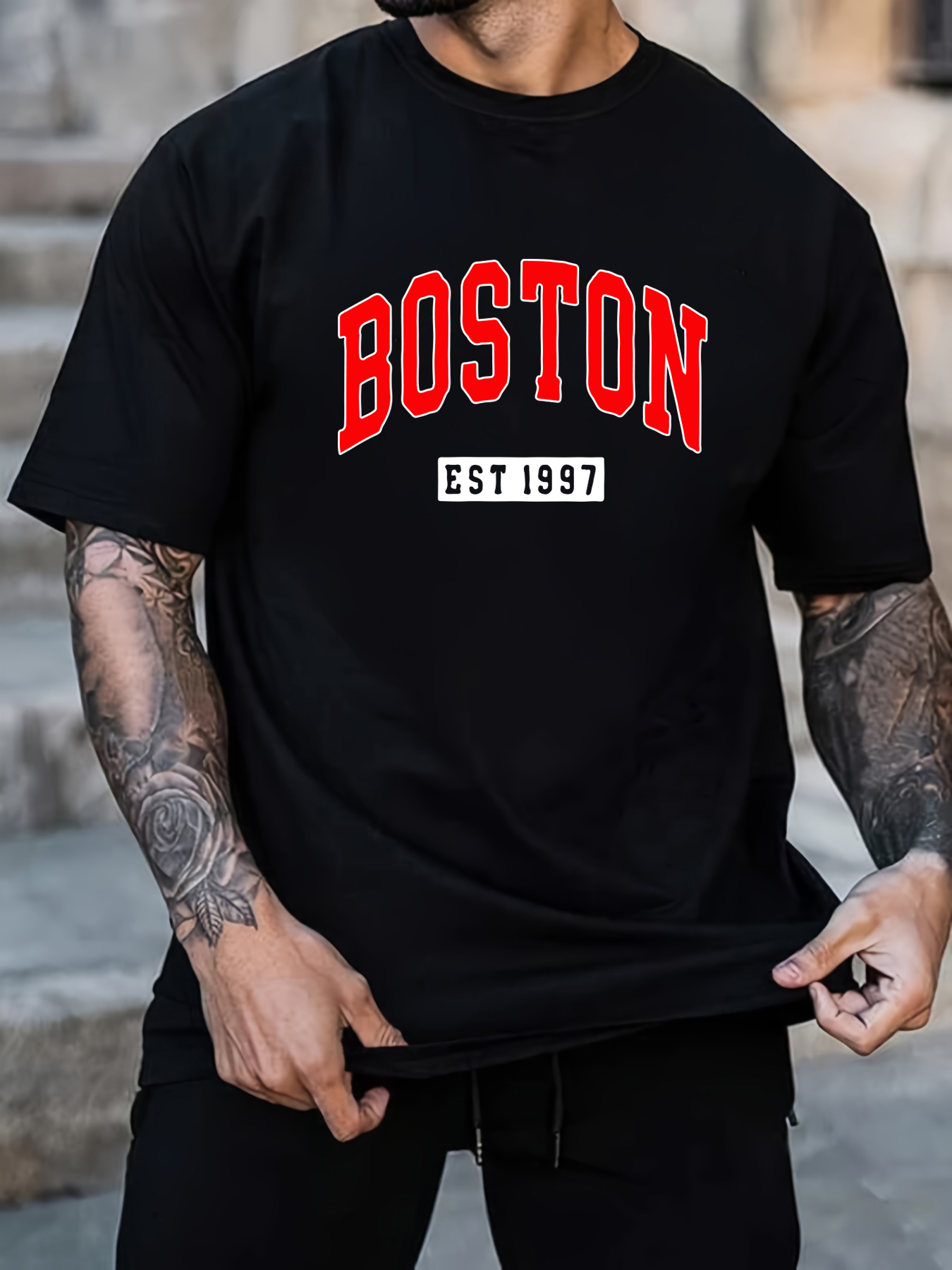 boston print short sleeve t shirts for men plus size stretchy graphic tees for summer casual daily style details 11