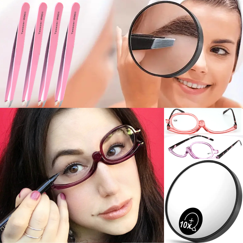 4pcs tweezer 10x magnification round make up mirror 2 in 1 makeup glasses set great for daily travel makeup skincare details 2