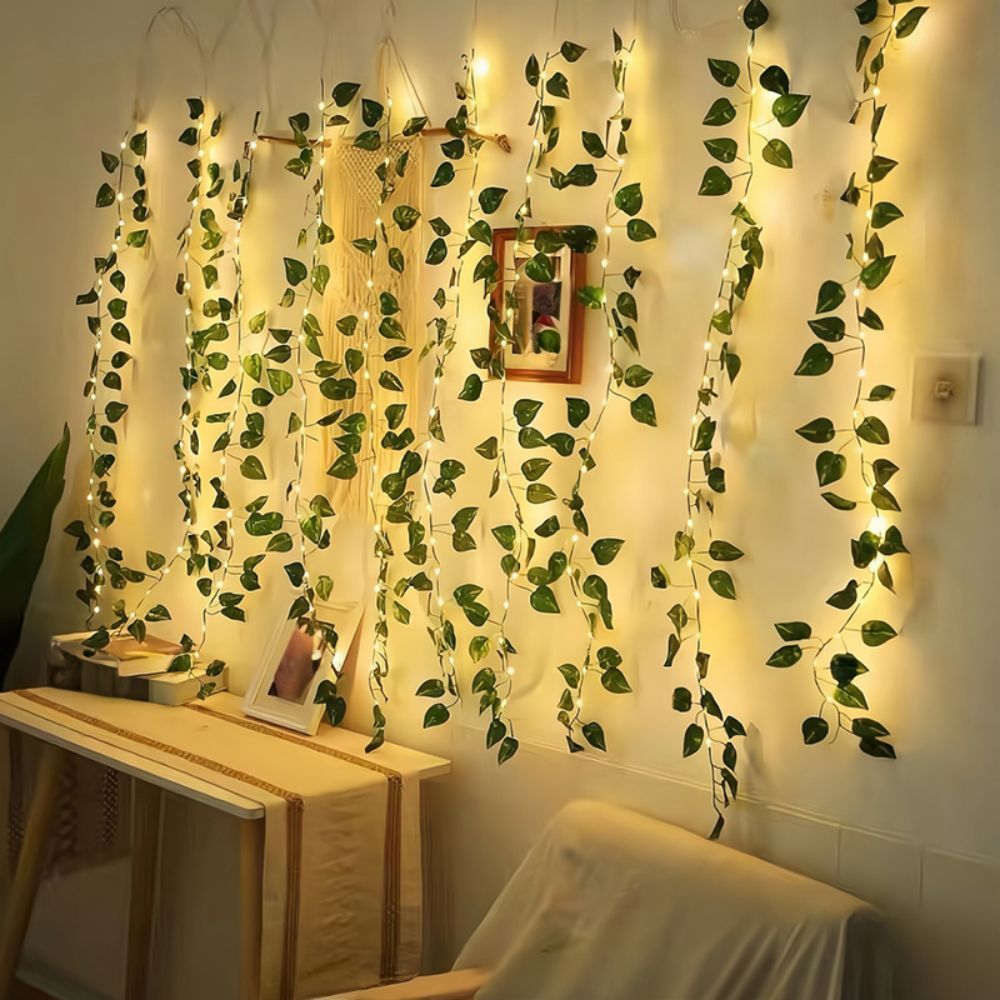 1pc led green leaf   plants string lights 2m 6 56ft 20 led new year decoration battery powered not included batteries for wall house room office birthday home room bedroom decoration details 1