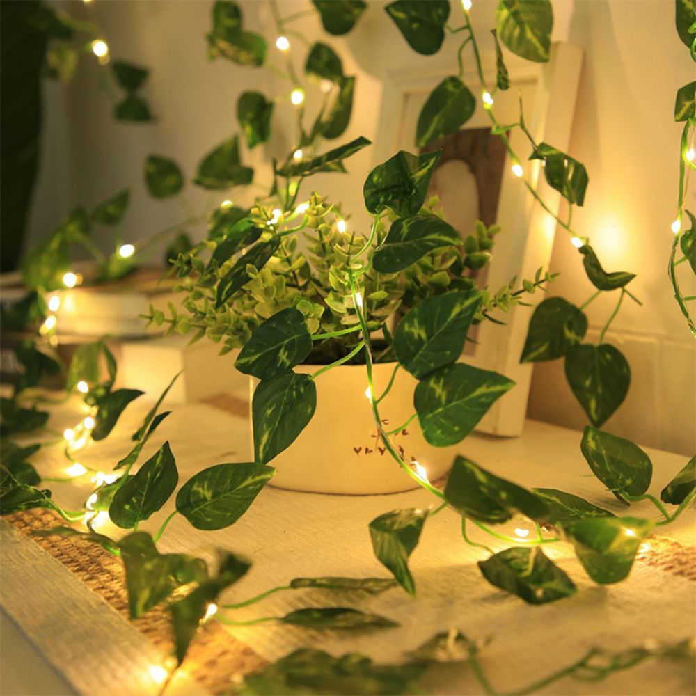 1pc led green leaf   plants string lights 2m 6 56ft 20 led new year decoration battery powered not included batteries for wall house room office birthday home room bedroom decoration details 2