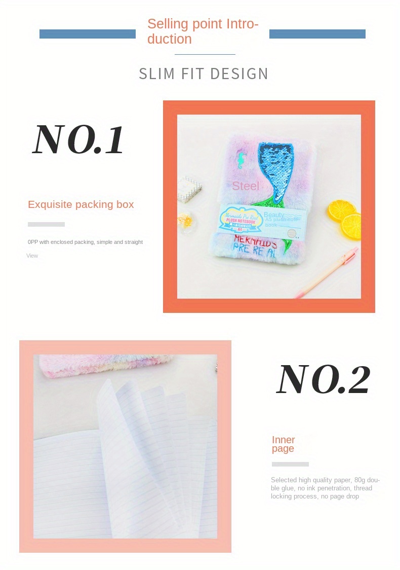 1pc creative notebook plush notebook mermaid diagram details 3