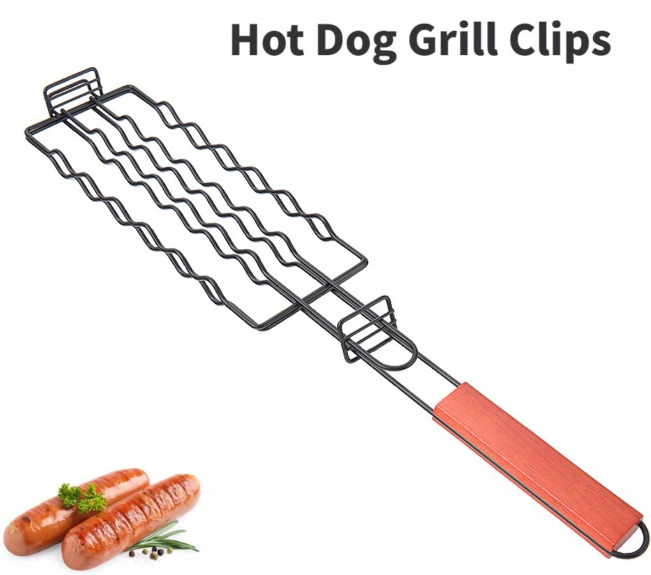 1pc stainless steel hot dog grill clip bbq grilling basket with wooden handle durable sausage grilling rack outdoor barbecue tool details 0