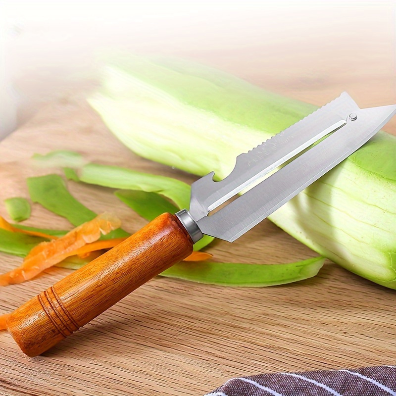 stainless steel paring knife set 1pc multi functional peeler with wooden handle for fruits and vegetables sugarcane peeling kitchen tool details 3