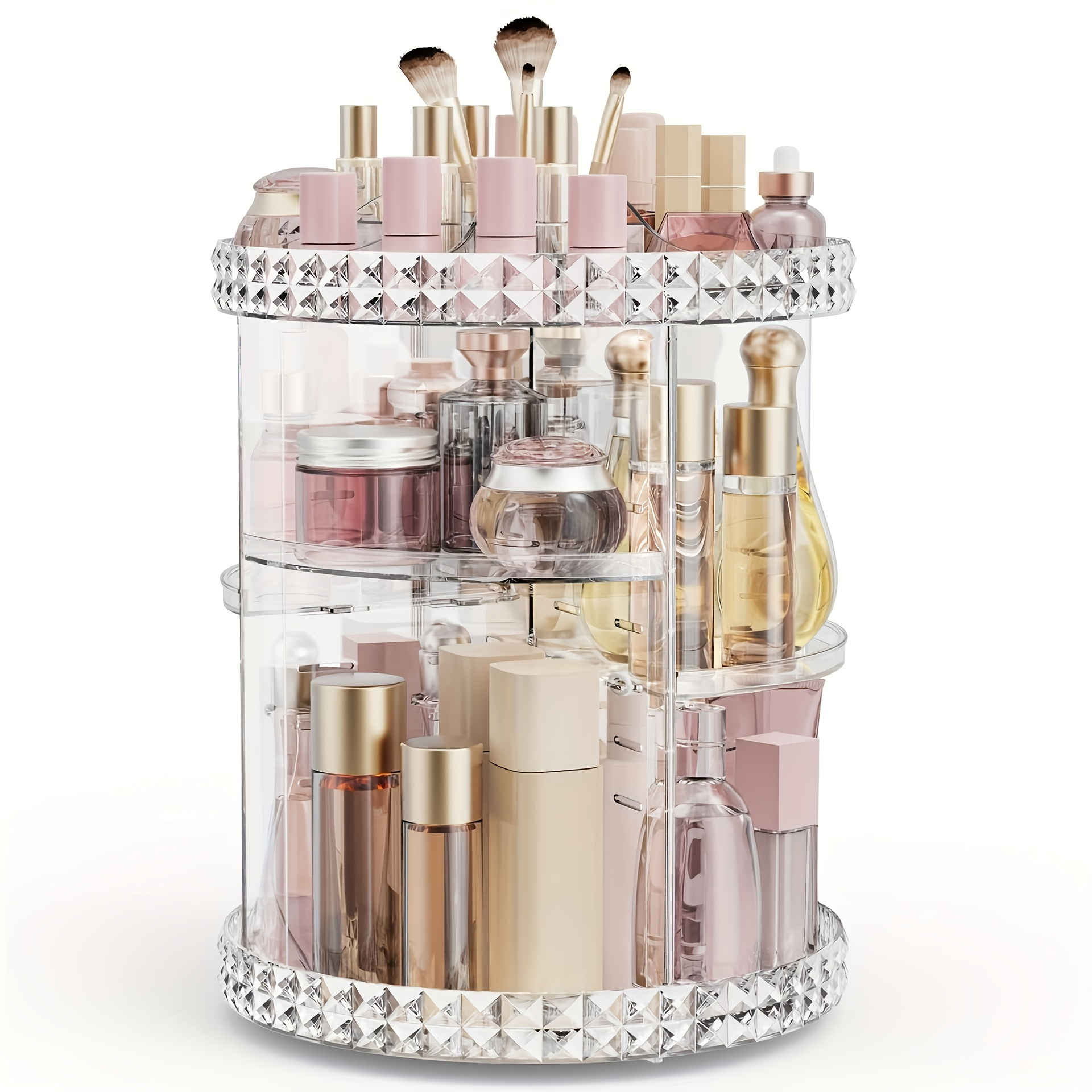 360 degree rotating makeup organizer luxury multi layer cosmetic storage box with adjustable shelves brush holder space saving countertop display for skincare and lipstick details 1