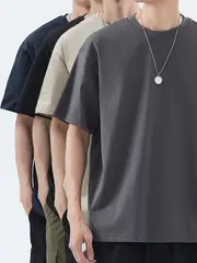 4pcs Men's Premium Cotton T-Shirts - Casual Summer Short Sleeve, 100% Pure Cotton, Machine Washable, Crew Neck in Assorted Colors (Navy, Beige, Gray, Black) with Geometric Pattern details 3