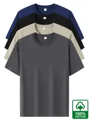 4pcs Men's Premium Cotton T-Shirts - Casual Summer Short Sleeve, 100% Pure Cotton, Machine Washable, Crew Neck in Assorted Colors (Navy, Beige, Gray, Black) with Geometric Pattern details 4
