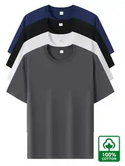 4pcs Men's Premium Cotton T-Shirts - Casual Summer Short Sleeve, 100% Pure Cotton, Machine Washable, Crew Neck in Assorted Colors (Navy, Beige, Gray, Black) with Geometric Pattern details 7