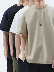 4pcs Men's Premium Cotton T-Shirts - Casual Summer Short Sleeve, 100% Pure Cotton, Machine Washable, Crew Neck in Assorted Colors (Navy, Beige, Gray, Black) with Geometric Pattern details 9