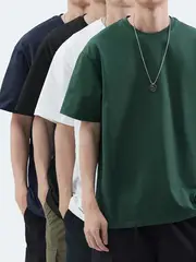 4pcs Men's Premium Cotton T-Shirts - Casual Summer Short Sleeve, 100% Pure Cotton, Machine Washable, Crew Neck in Assorted Colors (Navy, Beige, Gray, Black) with Geometric Pattern details 12