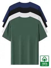 4pcs Men's Premium Cotton T-Shirts - Casual Summer Short Sleeve, 100% Pure Cotton, Machine Washable, Crew Neck in Assorted Colors (Navy, Beige, Gray, Black) with Geometric Pattern details 14