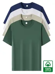 4pcs Men's Premium Cotton T-Shirts - Casual Summer Short Sleeve, 100% Pure Cotton, Machine Washable, Crew Neck in Assorted Colors (Navy, Beige, Gray, Black) with Geometric Pattern details 16