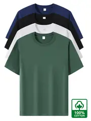 4pcs Men's Premium Cotton T-Shirts - Casual Summer Short Sleeve, 100% Pure Cotton, Machine Washable, Crew Neck in Assorted Colors (Navy, Beige, Gray, Black) with Geometric Pattern details 13